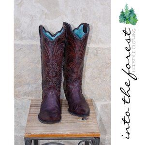 Corral Vintage Cowboy Cowgirl Black Cherry Lizard Boot Turquoise Inside Size 9.5